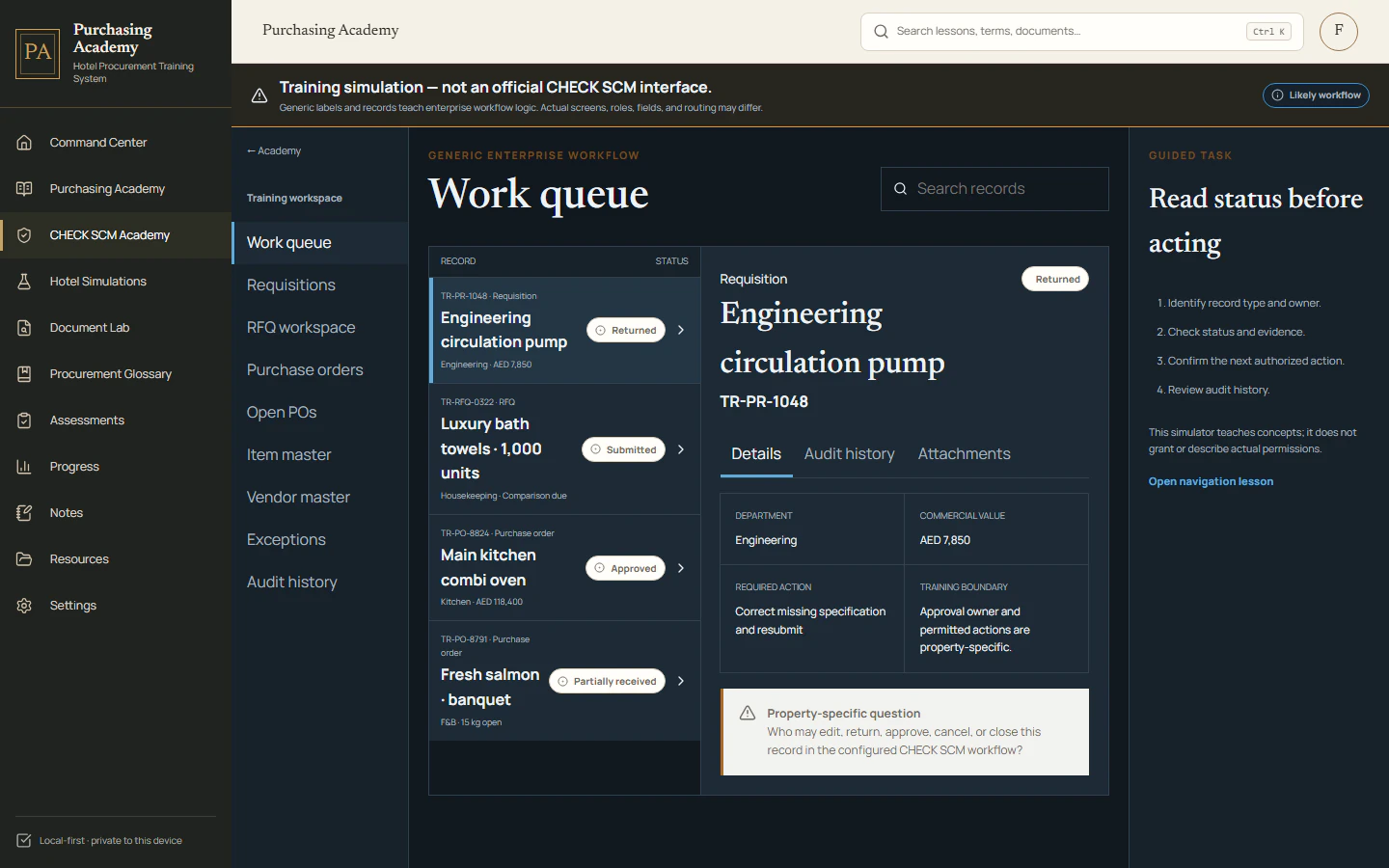 Purchasing Academy CHECK SCM readiness simulator showing a generic enterprise procurement work queue