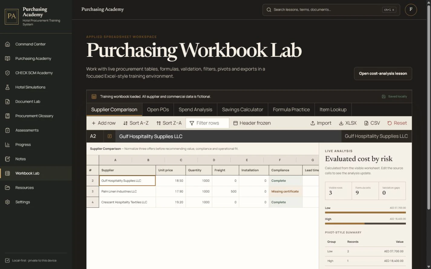 Desktop Purchasing Workbook Lab with supplier comparison sheet, formulas, filters, and live analysis