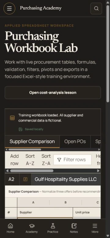 Mobile Purchasing Workbook Lab with contained horizontal spreadsheet controls